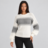 Two Tone Ribbed Knit Sweater with Balloon Sleeves and Ribbed Cuff