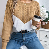 Cable Knit Color Block Sweater with Round Neck and Long Sleeves