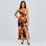 Floral Ruched Midi Dress with Ruffle Hem and Spaghetti Straps