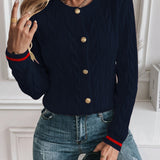 Button Front Cable Knit Cardigan with Ribbed Trim