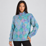 Patterned Turtleneck Knit Sweater with Metallic Trim