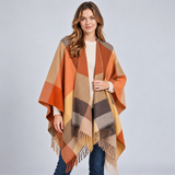 Color Block Poncho Cape with Fringe Hem