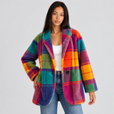 Plaid Fleece Jacket with Lapel Collar and Button Front