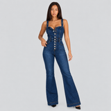 Flared Denim Jumpsuit with Button Front and Square Neck