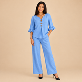 Women's Two Piece Pants Set with Ruffle Sleeve Button Front Top and Wide Leg Pants