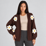 Open-Front Cardigan with Floral Applique and Long Sleeves