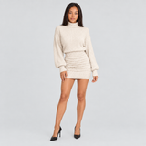 Ribbed Knit Turtleneck Mini Sweater Dress with Ruched Skirt