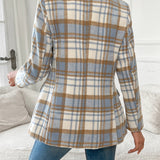 Plaid Tailored Blazer with Single Button Closure and Flap Pockets