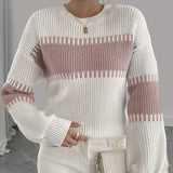 Two Tone Ribbed Knit Sweater with Balloon Sleeves and Ribbed Cuff
