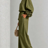 Women's Two Piece Pants Set with Floral Cuff Long Sleeve Blouse and Wide Leg Pants