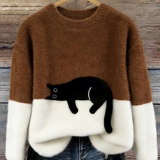 Cat Color block Oversized Fuzzy Knit Sweater