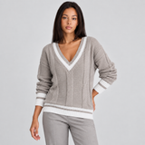 V-Neck Sweater with Cable Knit and Striped Trim