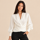 Women's Blouse with V Neck Wrap Front Long Sleeves and Gathered Waist for Office Wear
