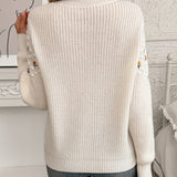 Floral Embroidered Sweater with Round Neck and Ribbed Cuff