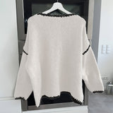 Oversized Knit Sweater with Long Sleeves and Contrast Trim