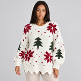 Christmas Sweater for Women with Christmas Tree Pattern and Scalloped Hem