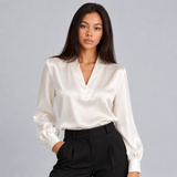 Satin V-Neck Blouse with Long Sleeves and Button Cuff