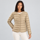 Quilted Puffer Jacket with Snap Button and Round Neck