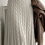Cable Knit Maxi Sweater Dress with Round Neck and Long Sleeves