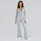 Zip Front Fitted Top and Flared Trousers Set