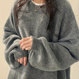 Oversized Round Neck Sweater with Balloon Sleeves and Ribbed Cuff