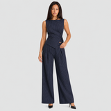 Pleated Wide-Leg Trousers with Pinstripe Wrap Top