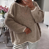 Oversized Knit Sweater with Long Sleeves and Contrast Trim