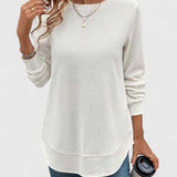 Women's Long Sleeve Top with Round Neck and Layered Curved Hem for Everyday Wear
