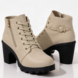 Lace-Up Ankle Boots with Block Heel and Buckle Strap
