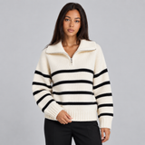 Striped Quarter-Zip Knit Sweater with Funnel Neck