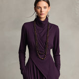 Draped Asymmetric Wrap Maxi Dress with High Neck