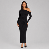 Off-Shoulder Ruched Glitter Maxi Dress