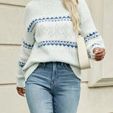 Fuzzy Knit Sweater with Fair Isle Pattern and Long Sleeves
