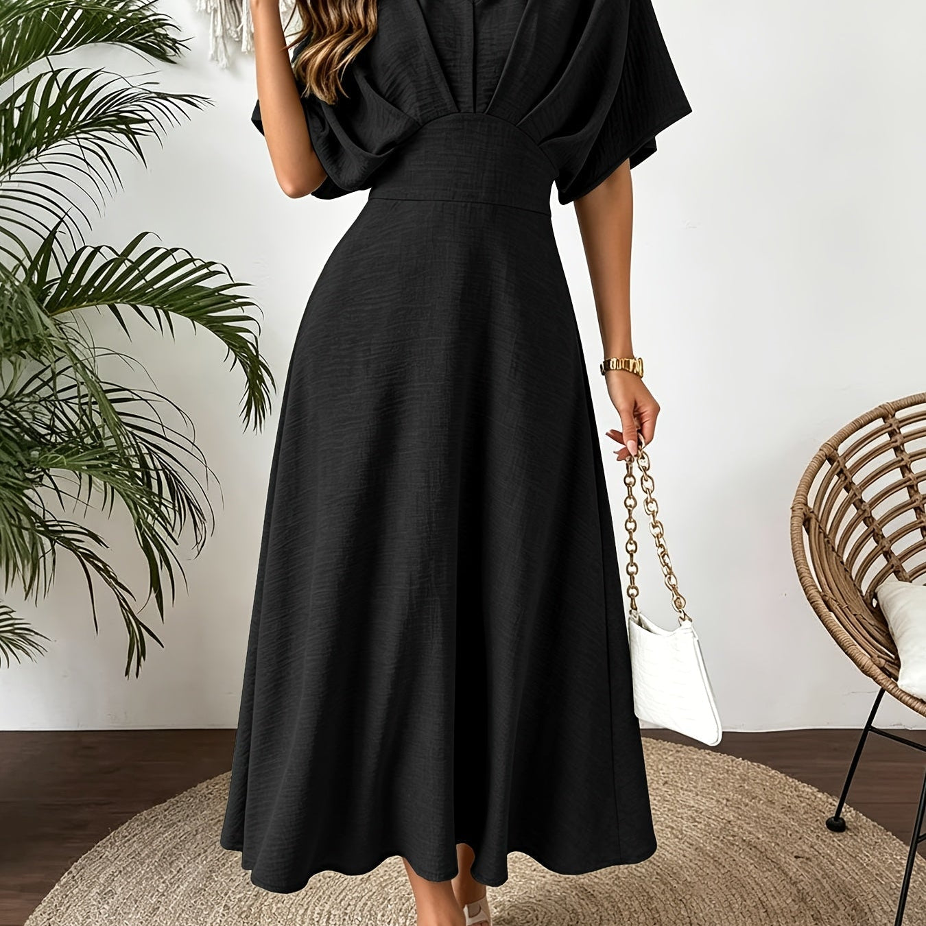 V-Neck A-Line Maxi Dress with Batwing Sleeve