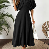 V-Neck A-Line Maxi Dress with Batwing Sleeve