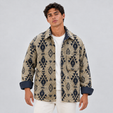 Oversized Fleece Jacket with Button Front and Geometric Print