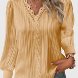 Pleated Lace-Trim V-Neck Blouse with Puff Sleeve