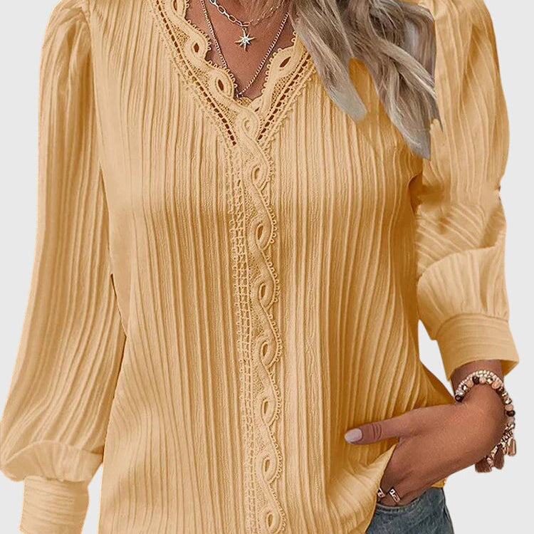 Pleated Lace-Trim V-Neck Blouse with Puff Sleeve