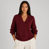 V-Neck Knit Sweater with Ribbed Trim and Long Sleeves