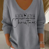 Christmas Sweater for Women V Neck Knit Pullover with Christmas Tree Print and Long Sleeves for Holiday Season