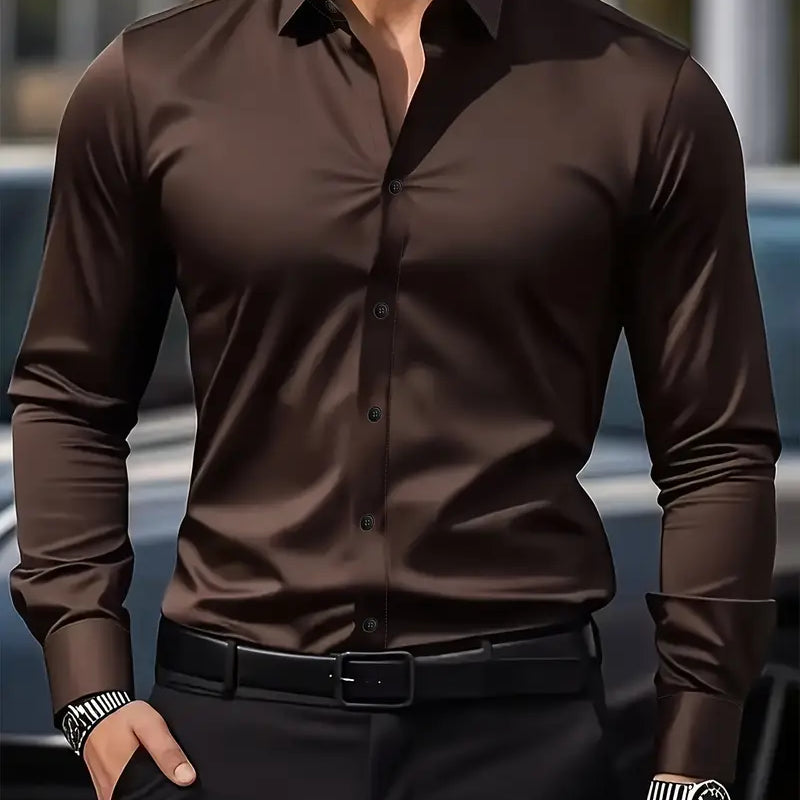 Slim Fit Button Up Shirt with Spread Collar and Long Sleeves