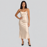 Satin Slip Midi Dress with Cowl Neck and Spaghetti Straps