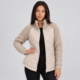 Quilted Zip-Up Jacket with Cable Knit Sleeves and High Collar