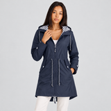 Women's Hooded Rain Jacket with Longline Zip Front and Striped Hood Lining with Adjustable Drawstring Waist