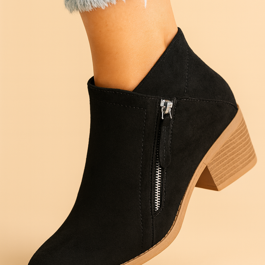 Ankle Boots with Side Zipper and Low Block Heel