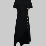 High-Low Maxi Dress with Button Detail and Crew Neck