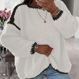 Oversized Knit Sweater with Long Sleeves and Contrast Trim