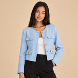 Women's Blazer Jacket with Round Neck and Textured Finish for Office Wear