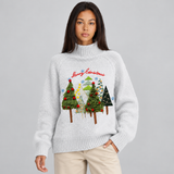 Women's Christmas Sweater with Embroidered Christmas Trees and Ribbed Turtleneck