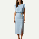 Sleeveless Midi Dress with Button Detail and Front Slit